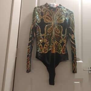 2x Sequin Embellished Black Bodysuit with Multicolor Pattern